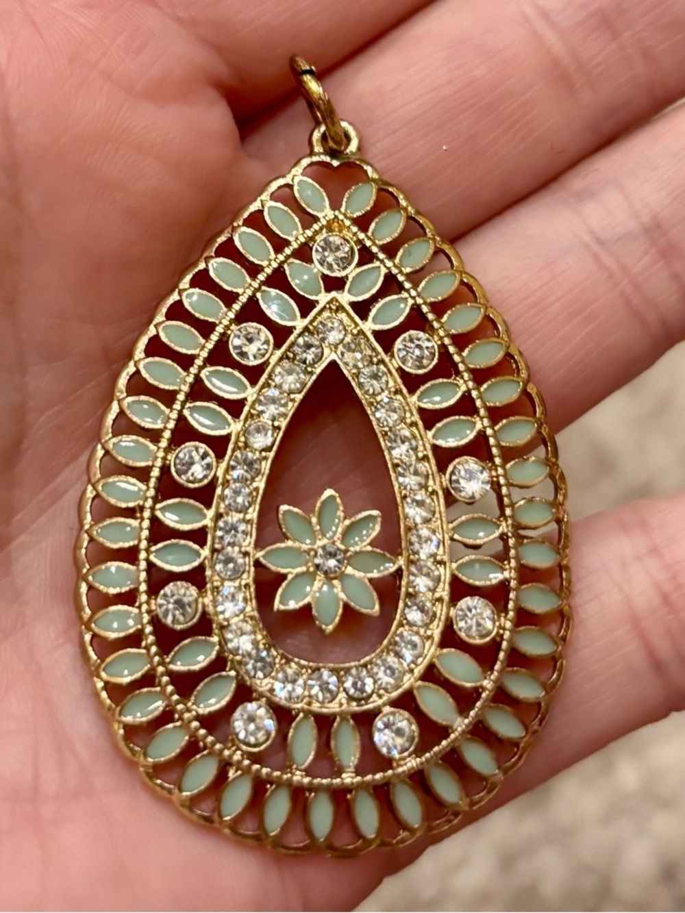 Gold-Tone Teardrop Pendant with Mint Enamel and Clear Crystals
